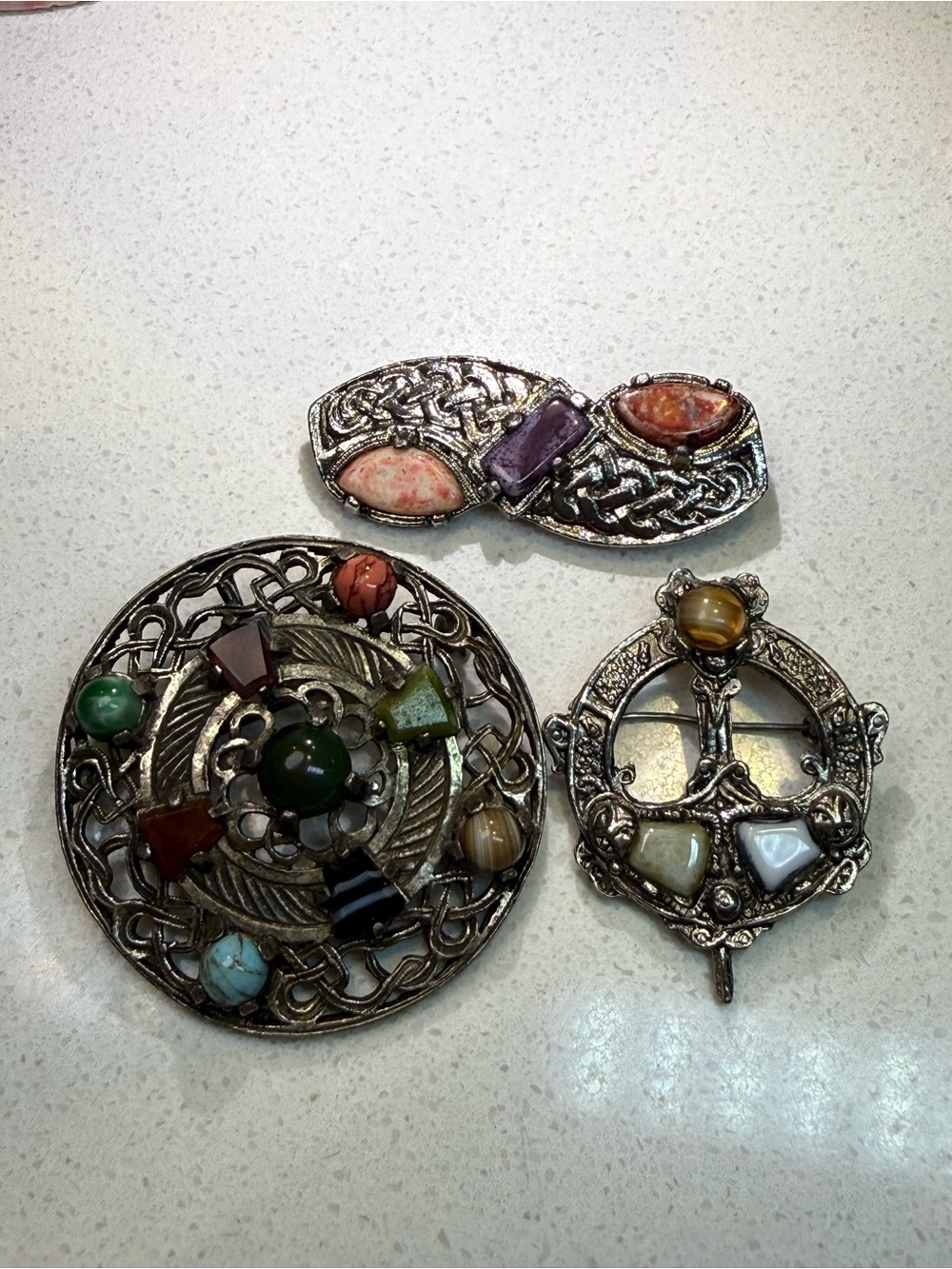 Set of 3 Vintage Celtic Brooches with Multicolor Gem Accents